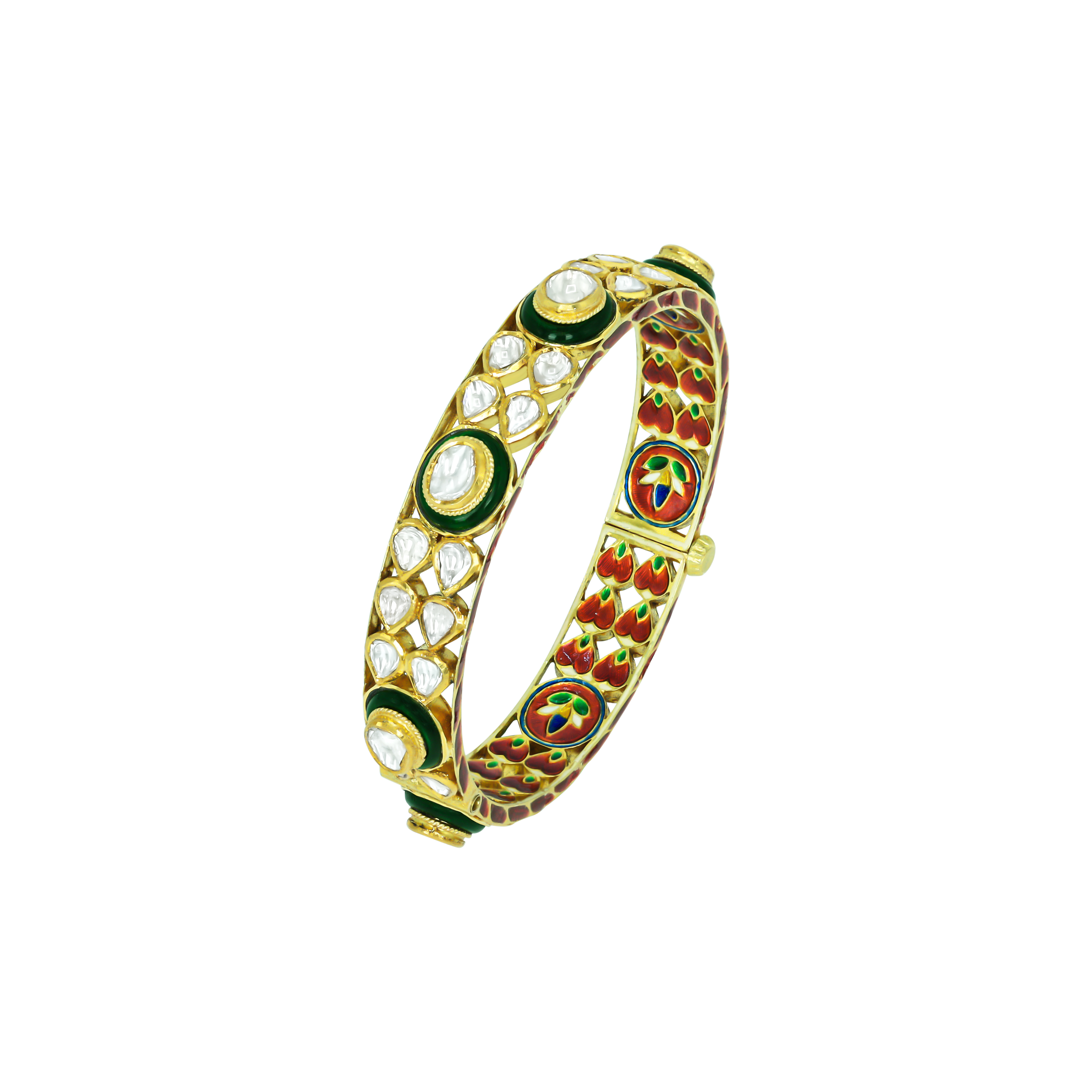 Polki Bangle with Green Borders and Red-Green Enamel Work